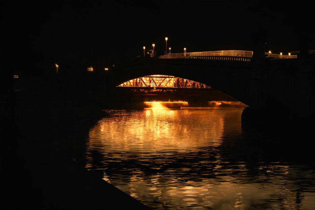 Night scene of illuminated bridge reflecting warm lights on calm water