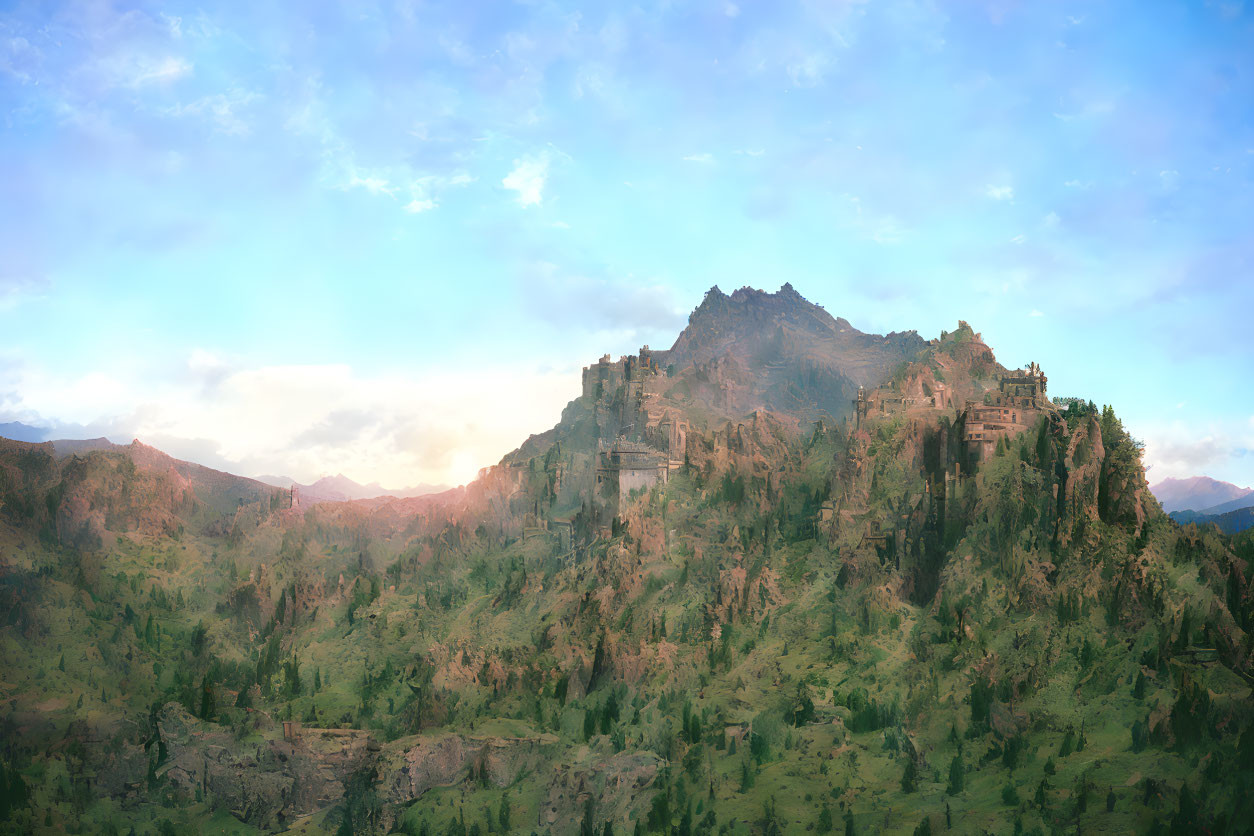Fantastical mountain fortress with lush greenery and glowing sunrise