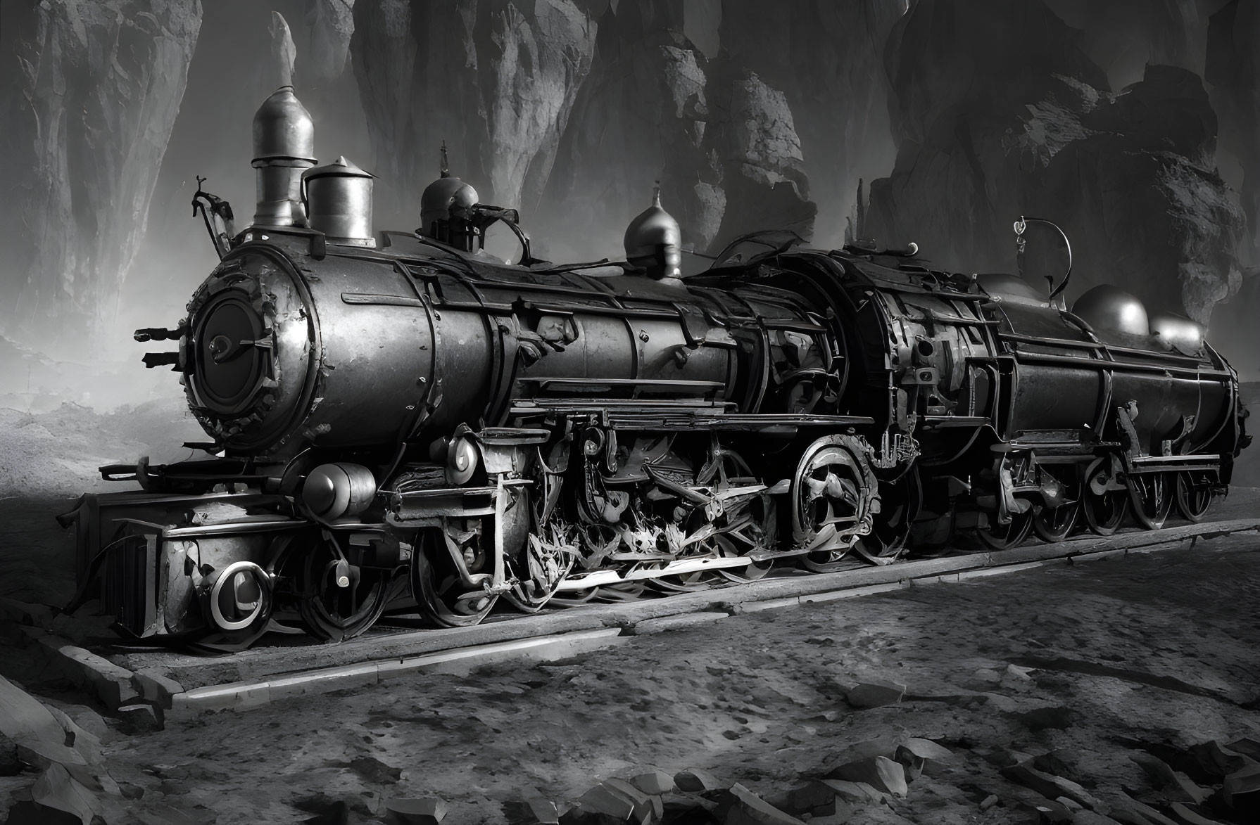 Vintage steam locomotive on tracks with intricate mechanical details against rugged cliffs.