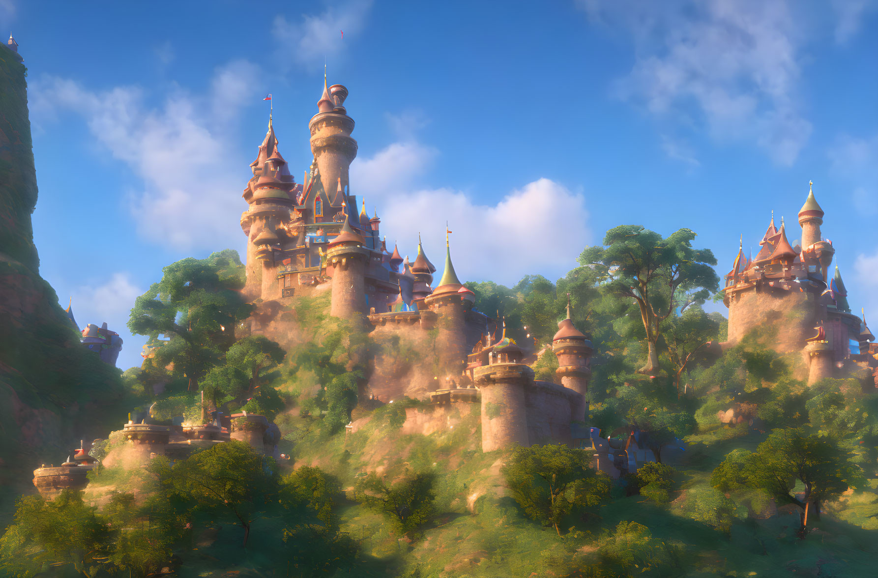 Majestic castle with spires on green hills in sunlight