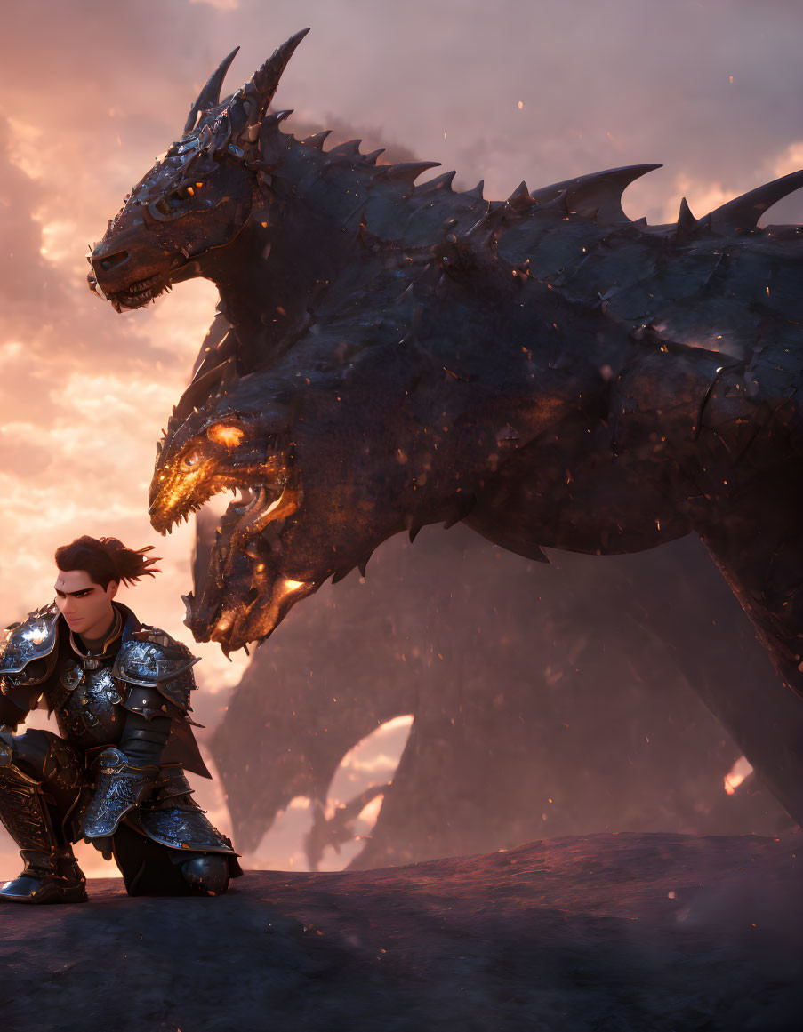 Warrior in armor kneeling beside a dragon at sunset