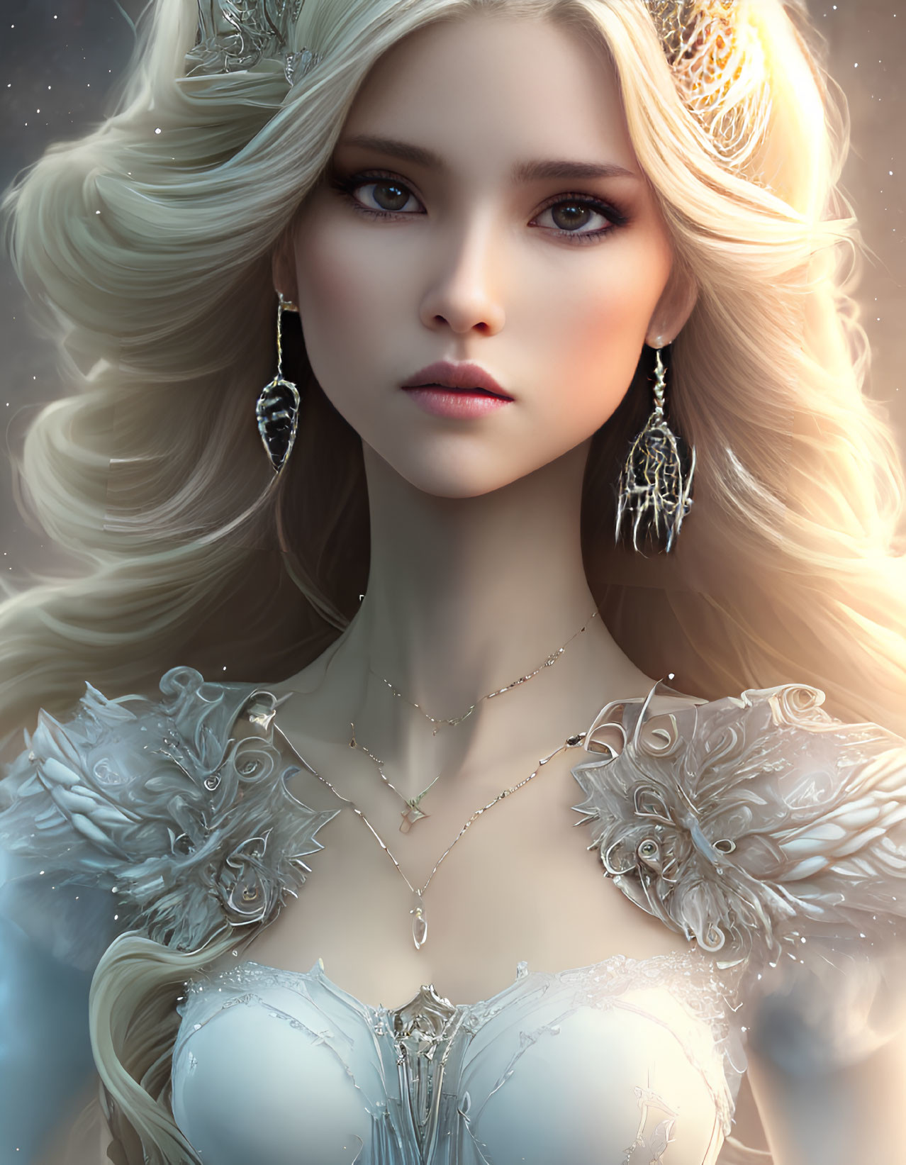 Digital artwork: Woman with long blonde hair, intricate jewelry, and ornate dress.