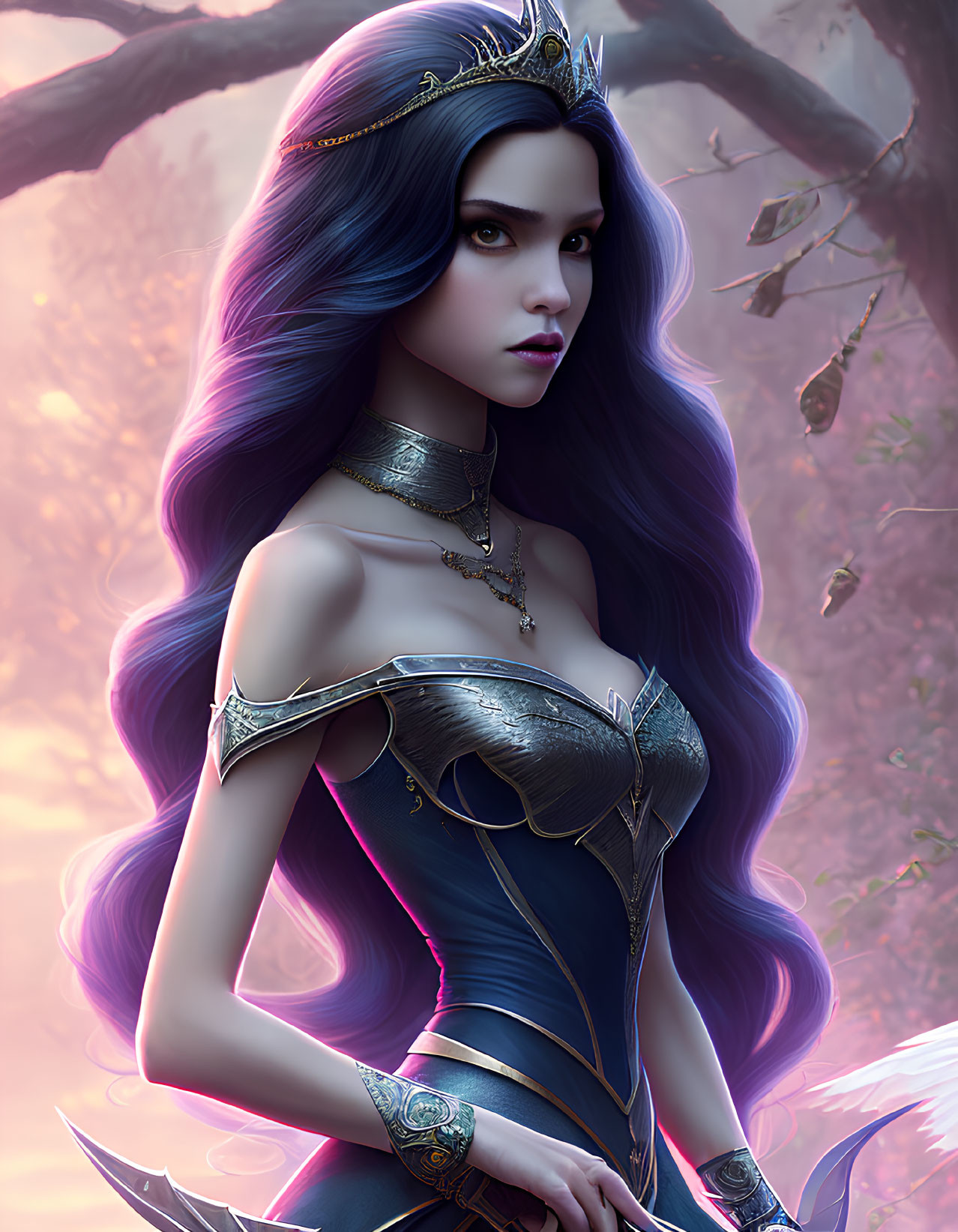 Fantasy female warrior with purple hair in blue armor in pink forest
