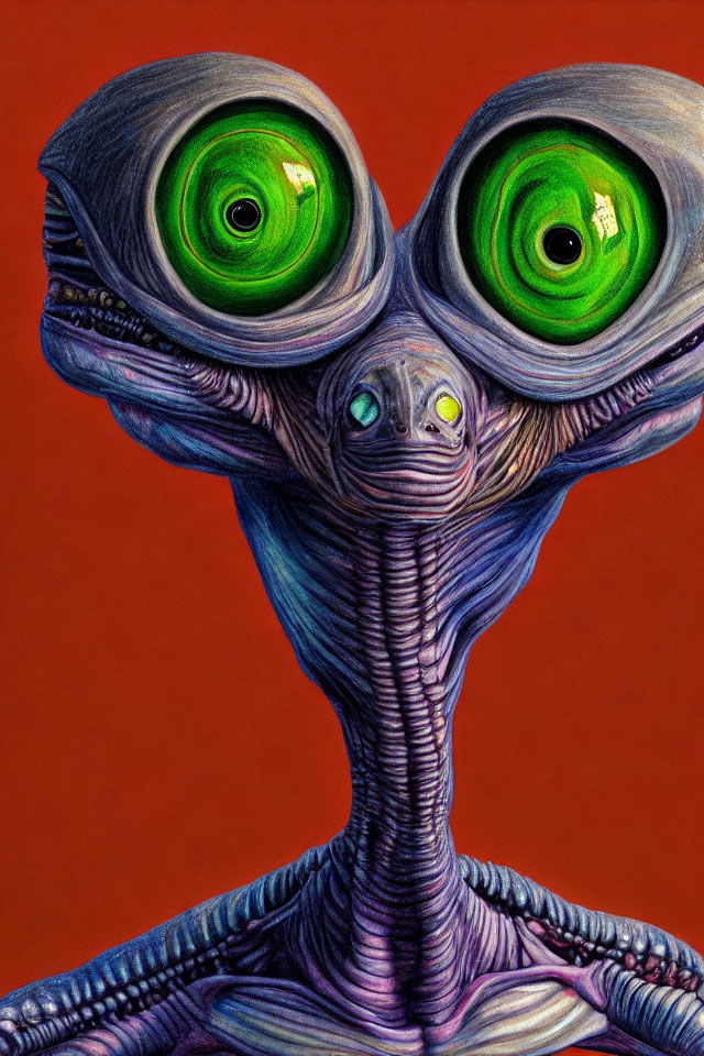 Purple Alien with Large Green Eyes on Red Background