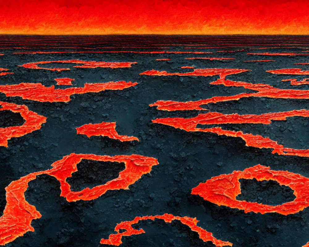 Vivid landscape of molten lava contrasting against blackened earth under fiery sky