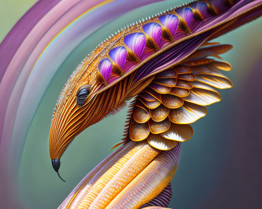 Colorful digital artwork featuring stylized bird with intricate feather patterns in gold and purple hues on multicol