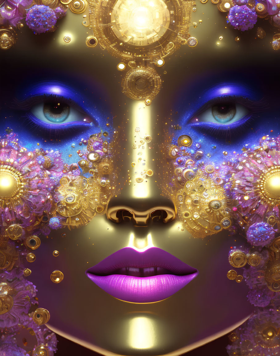 Detailed close-up of surreal golden face with ornate gears, vibrant blue eyes, and purple lips.