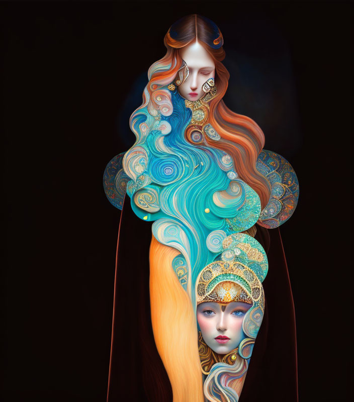 Digital Artwork: Two Women with Elaborate Hair and Headdresses on Black Background