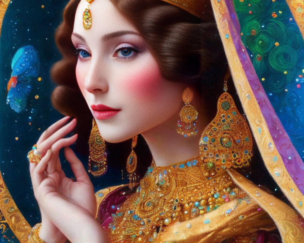 Traditional woman in ornate attire against cosmic backdrop with golden headdress and jewelry.