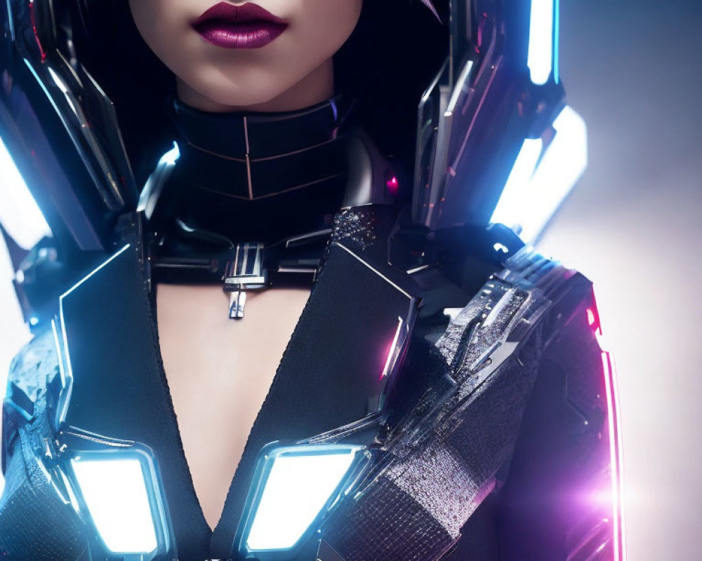 Futuristic female character with purple hair in black armor with blue lights