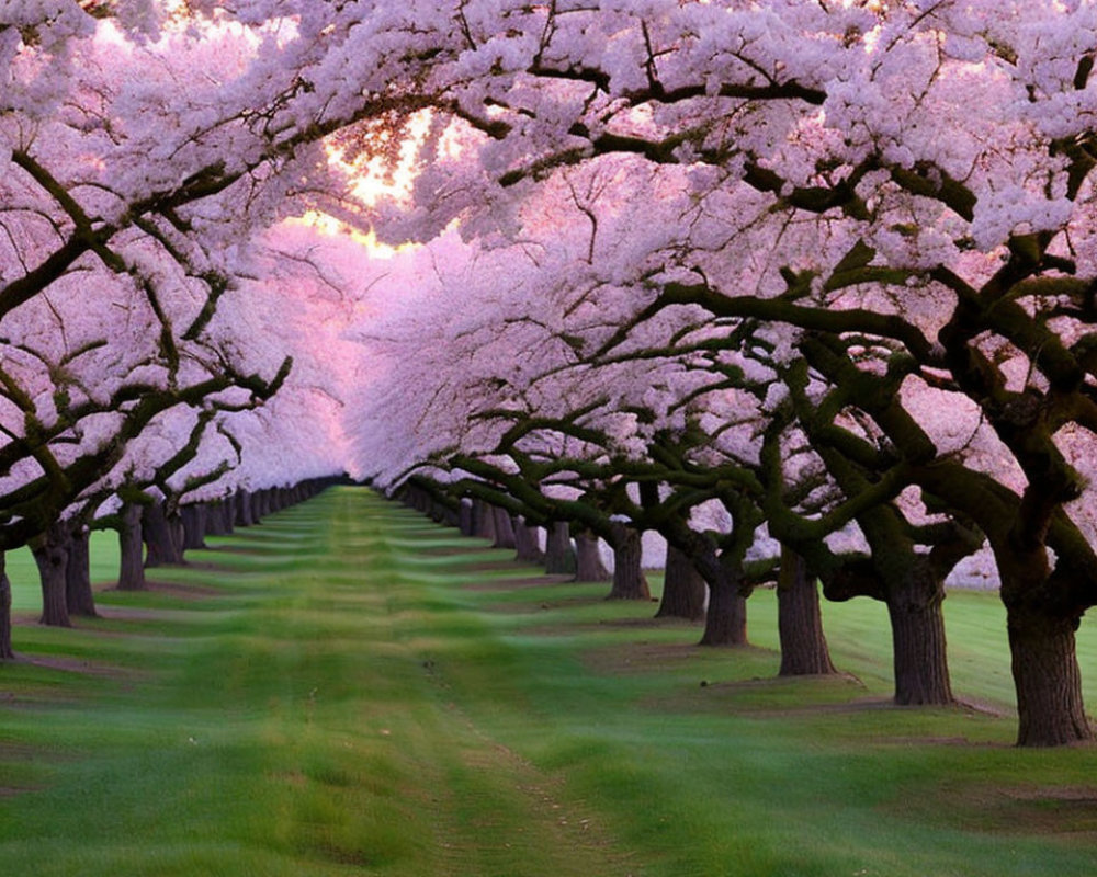 Tranquil scene of cherry blossom trees lining a grassy path