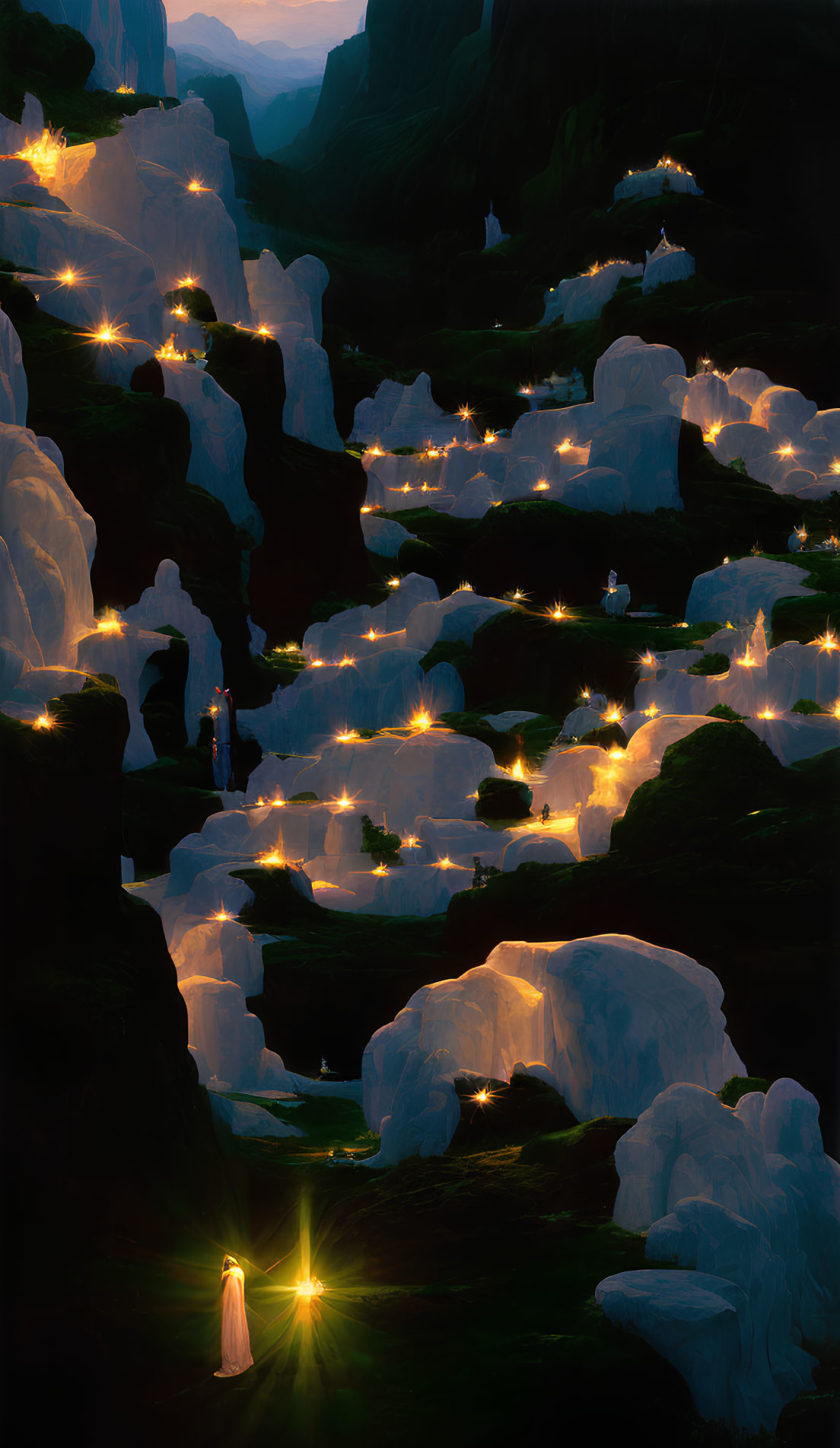 Mystical landscape with glowing lights and rock formations at night