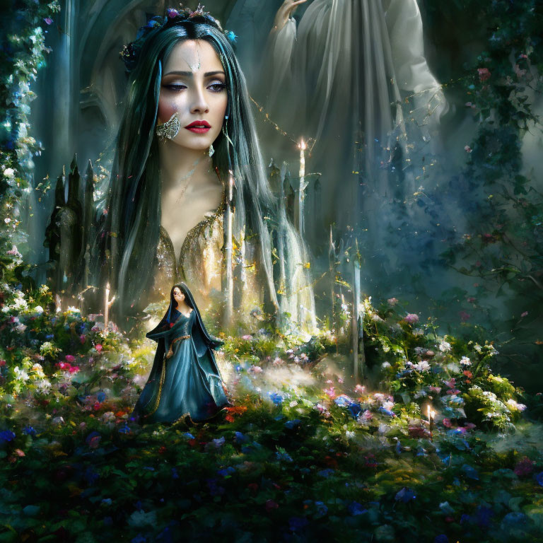 Enchanted forest painting with mystical woman and mirrored figure