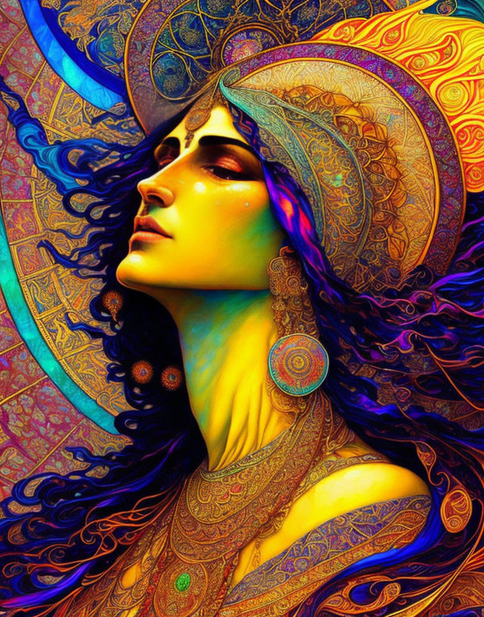 Colorful artwork of woman with ornate headgear and jewelry, vibrant hues and detailed patterns.