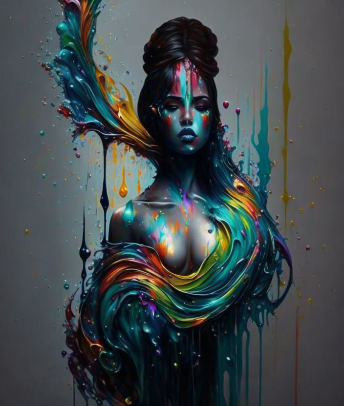 Vibrant surreal artwork: Woman with flowing, colorful hair on dark backdrop