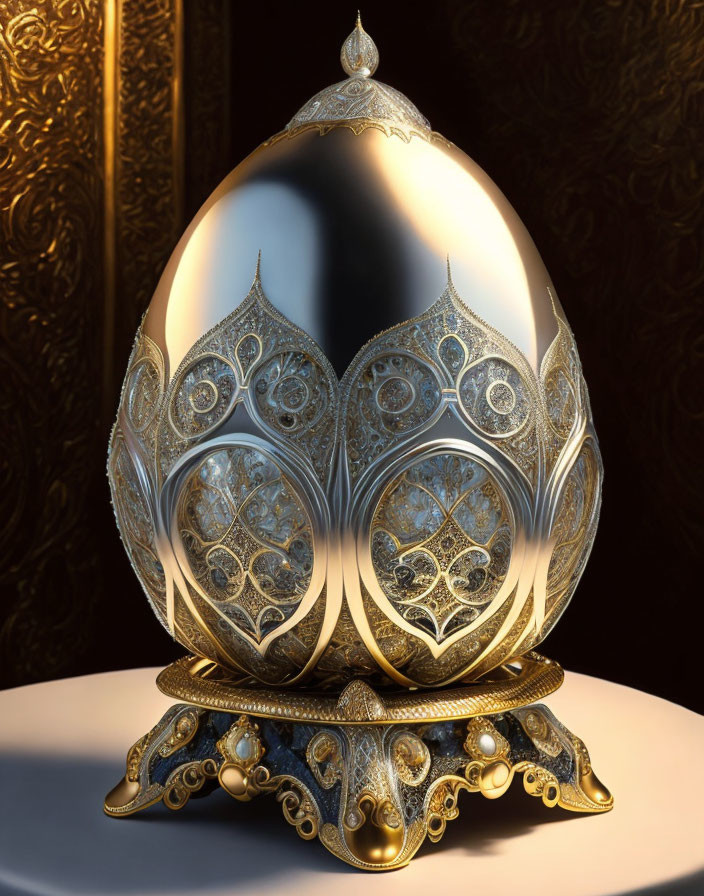 Intricate Metallic Egg with Gold Patterns and Pearls on Stand