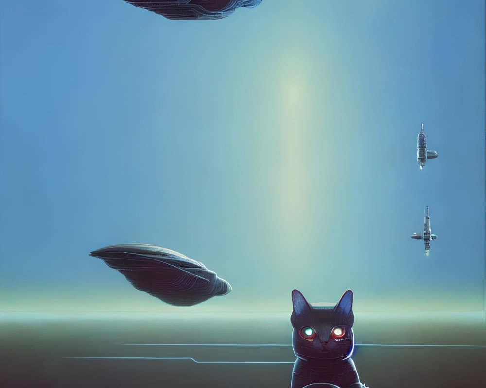 Glowing-eyed cat in sci-fi setting with spaceships and distant planet.