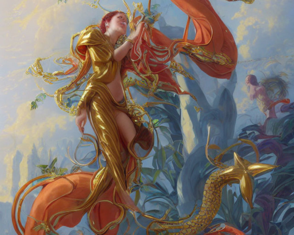 Golden Attired Mermaid Figure Among Clouds and Ribbons