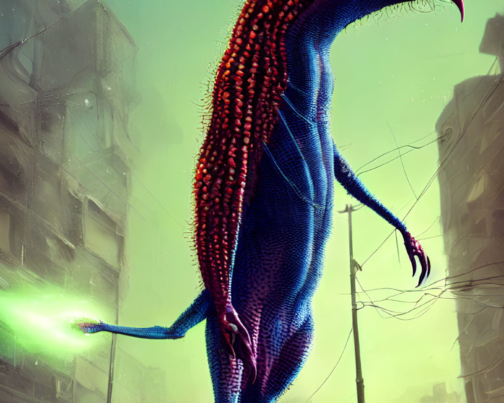 Blue bipedal alien with red spikes in dystopian cityscape holding green orb
