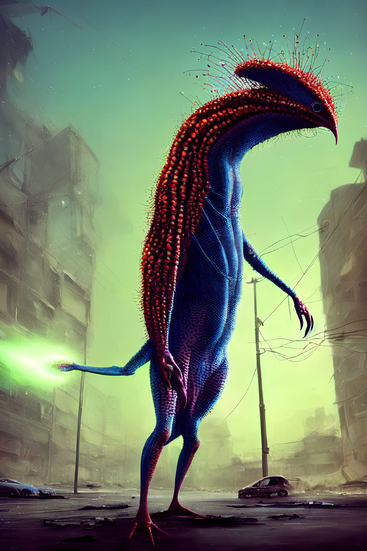 Blue bipedal alien with red spikes in dystopian cityscape holding green orb