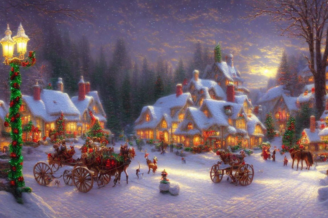 Snow-covered winter village with horse-drawn carriages and Christmas decorations