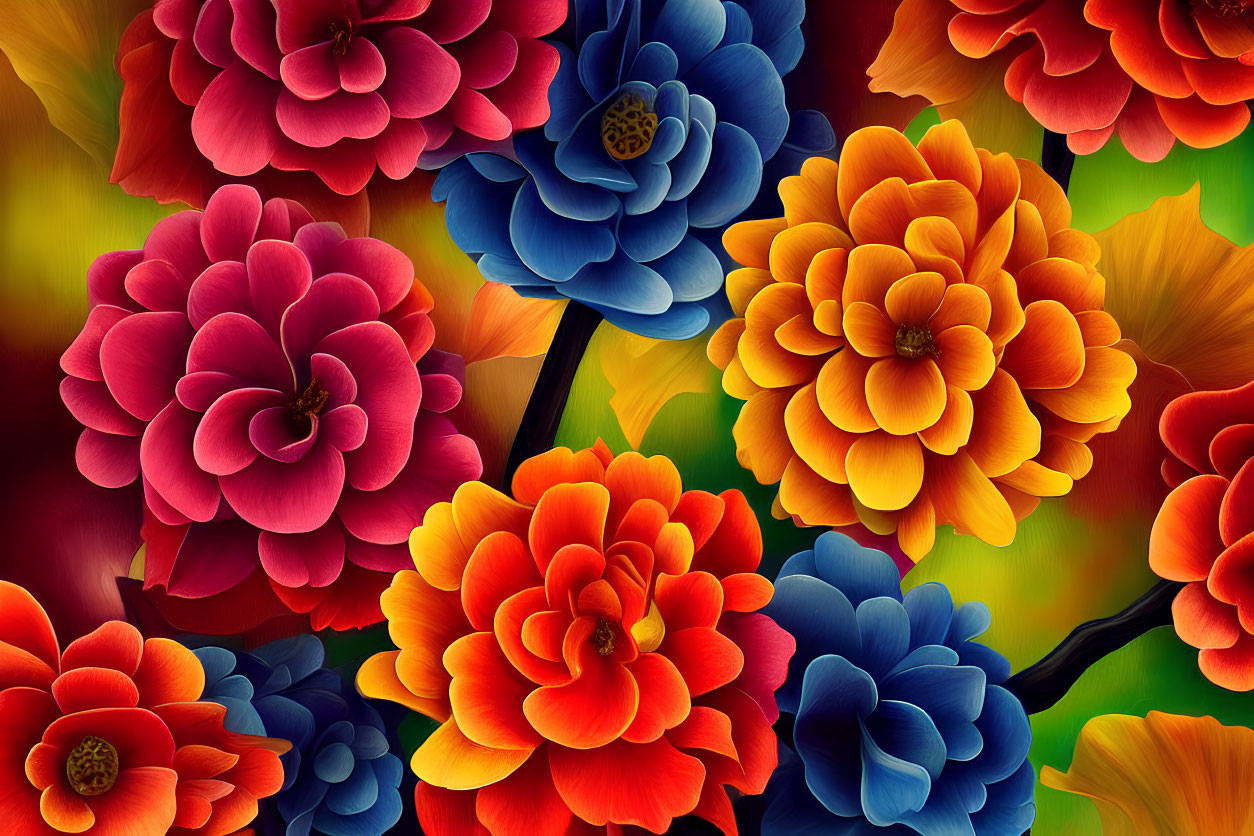 Vibrant multi-layered flower illustration in red, orange, blue, and yellow hues