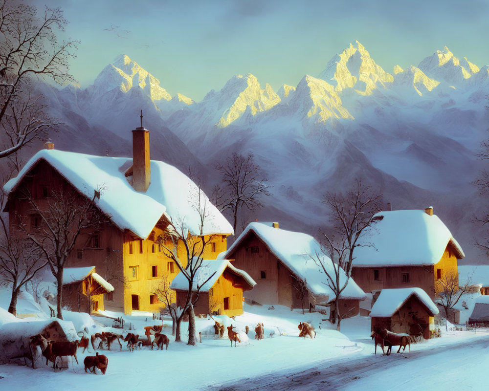 Snowy Village at Dusk with Illuminated Houses, Mountains, and Returning Cattle