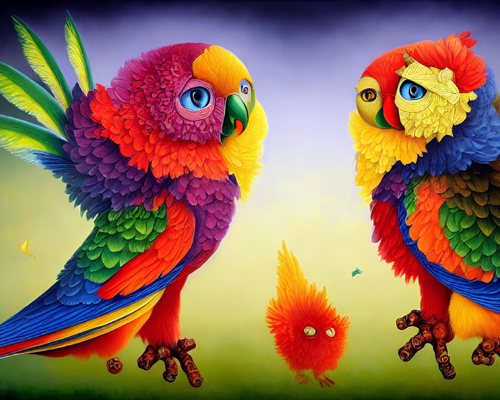 Colorful Stylized Parrots with Orange Creature on Gradient Background