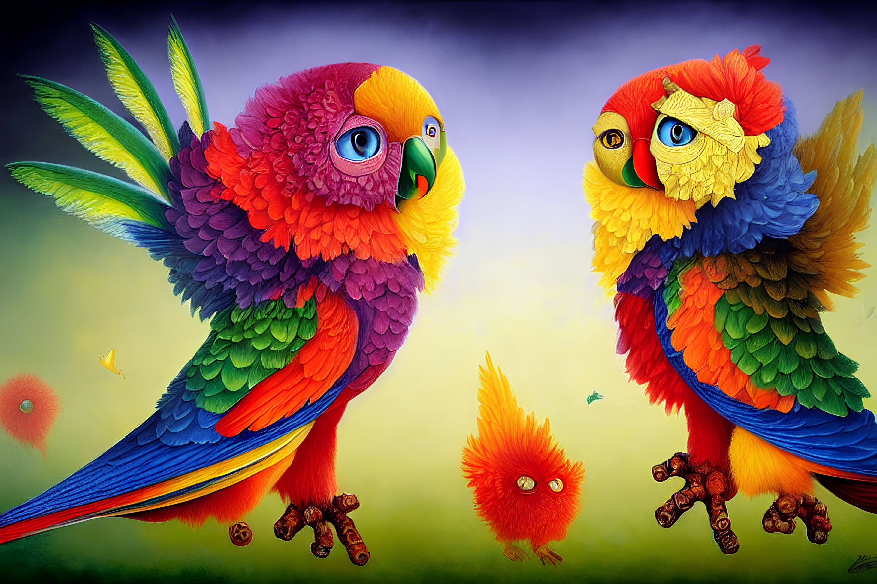 Colorful Stylized Parrots with Orange Creature on Gradient Background