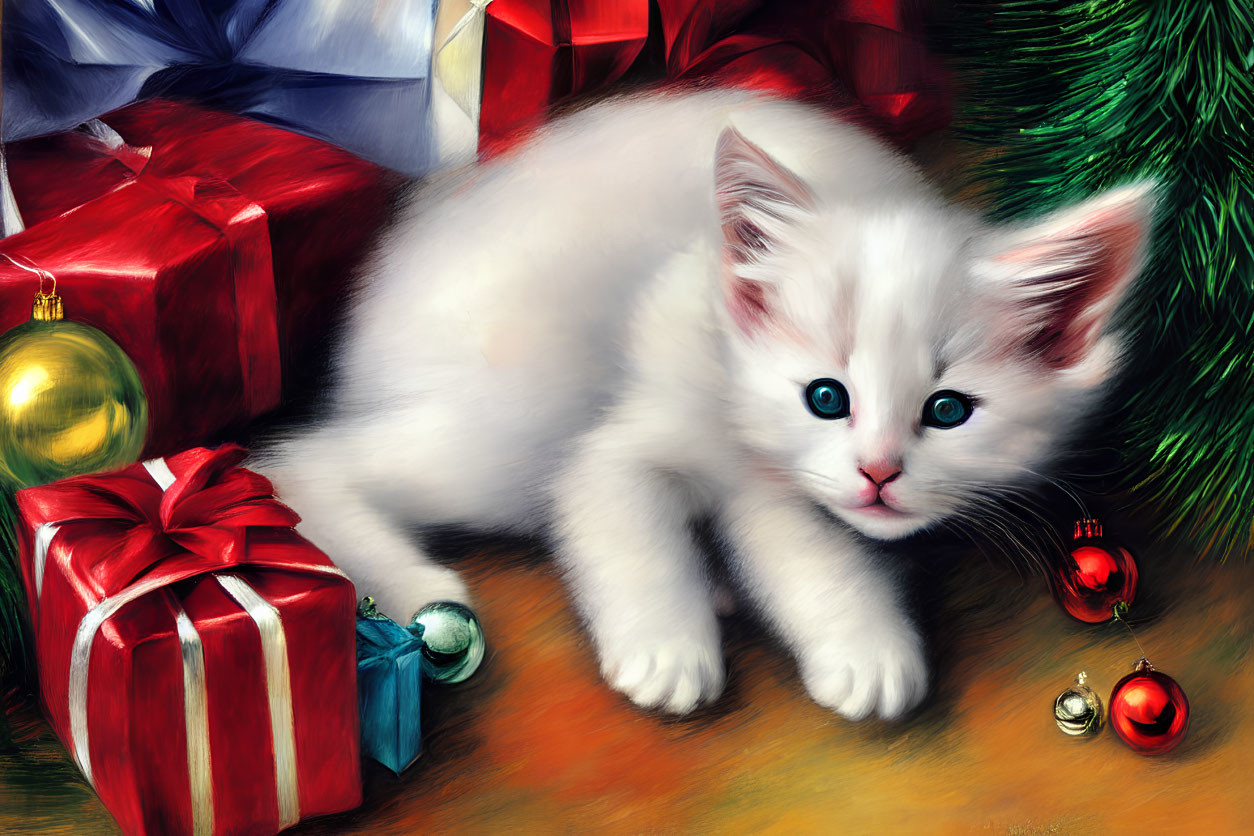 White Kitten with Blue Eyes Among Christmas Decorations and Gifts