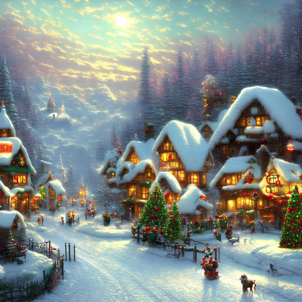 Snowy Village with Illuminated Houses and Christmas Trees at Twilight