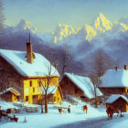 Snowy Village at Dusk with Illuminated Houses, Mountains, and Returning Cattle
