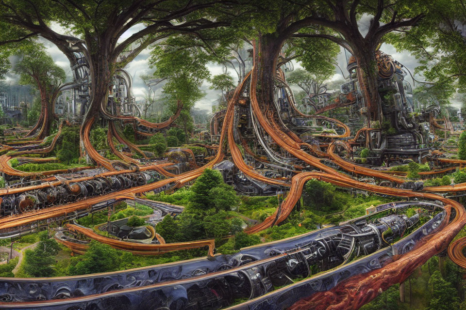 Fantastical forest with gigantic trees and industrial metallic structures