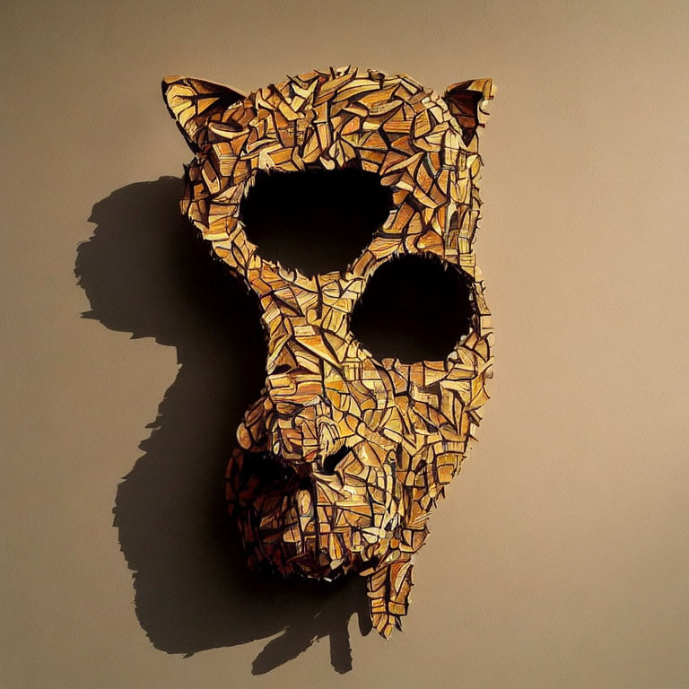 Geometric Jaguar Mask with Gold and Brown Design on Beige Wall