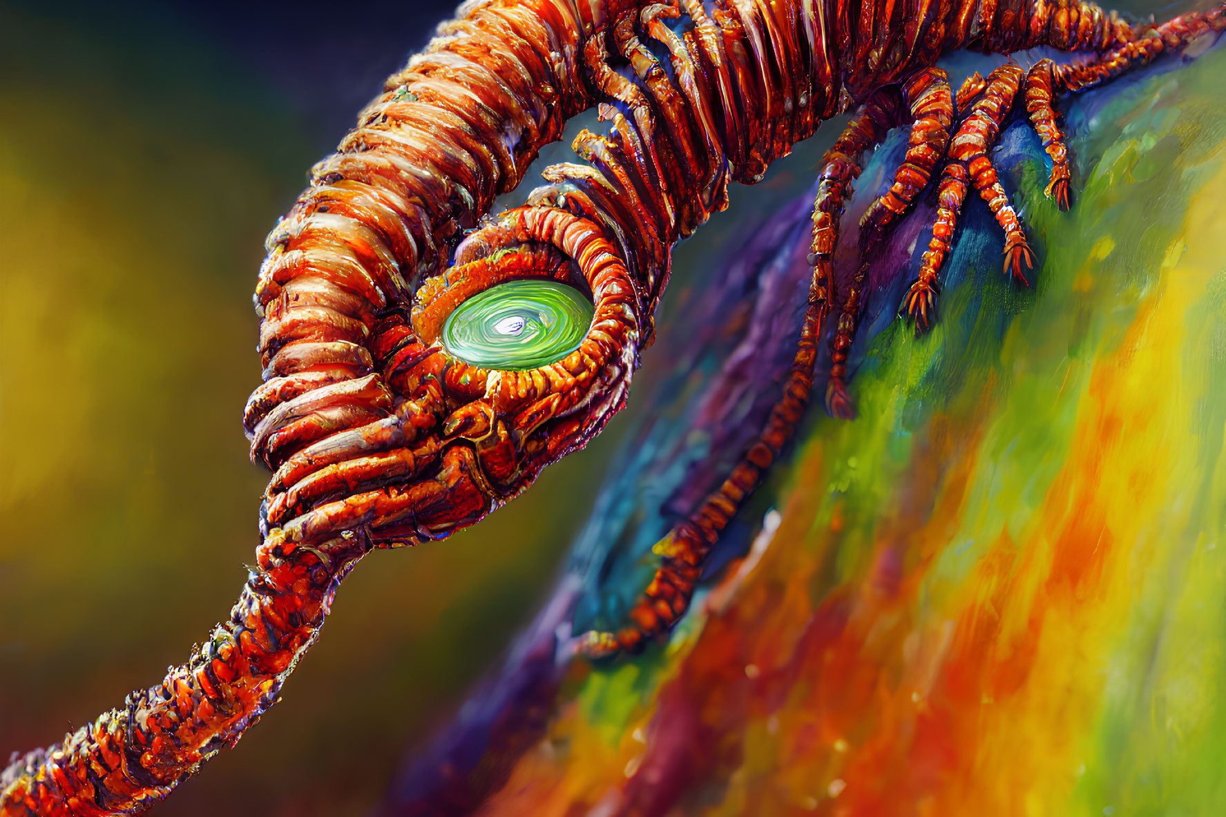 Colorful digital artwork: Spiral creature with central eye and limb-like extensions