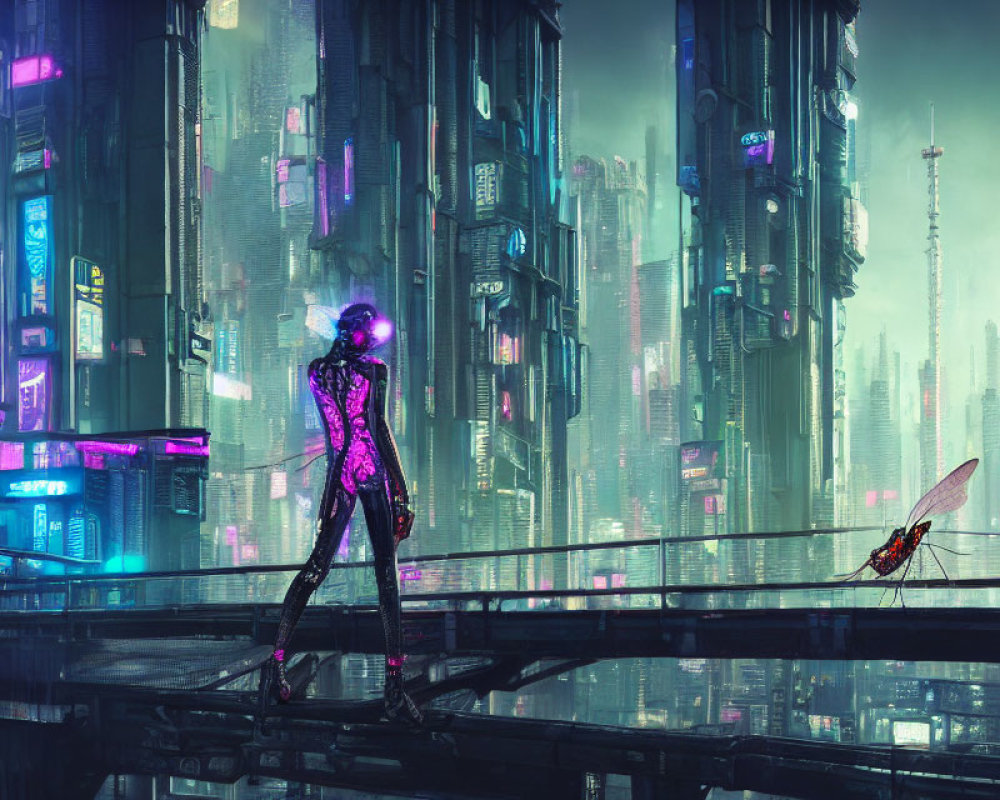 Futuristic figure in glowing purple suit on bridge with neon-lit cityscape