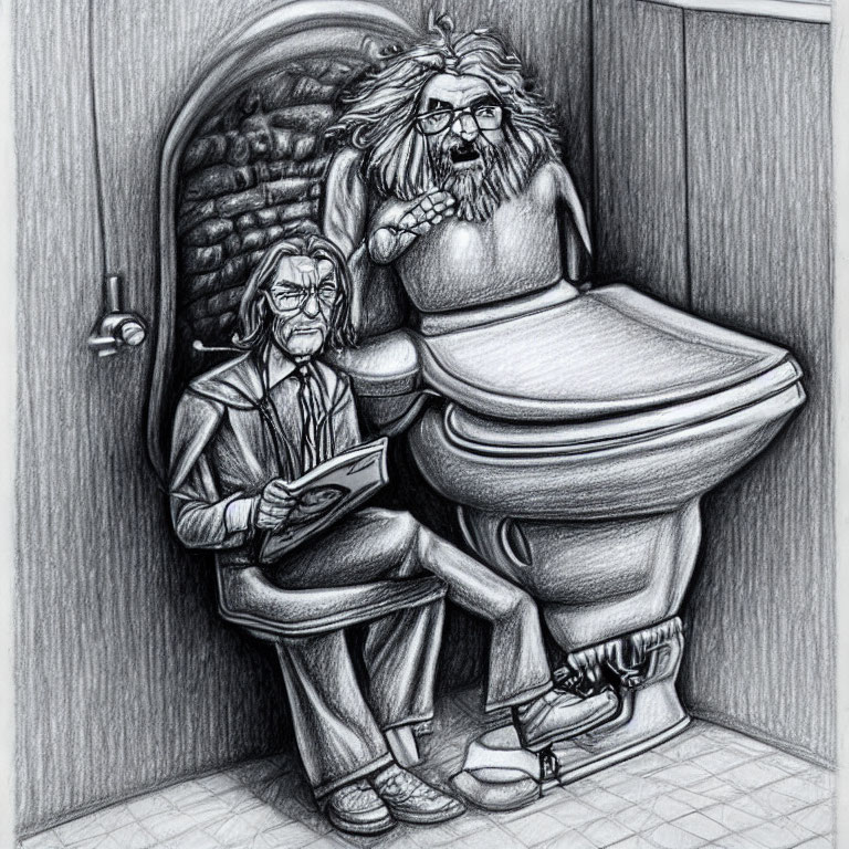 Surreal pencil sketch of two men in oversized toilet