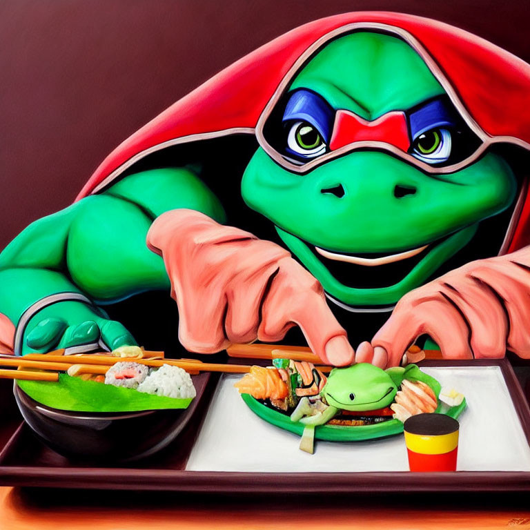 Colorful Teenage Mutant Ninja Turtle Eating Sushi Illustration