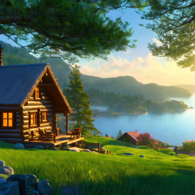 Tranquil Lake Scene with Wooden Cabin and Sunrise