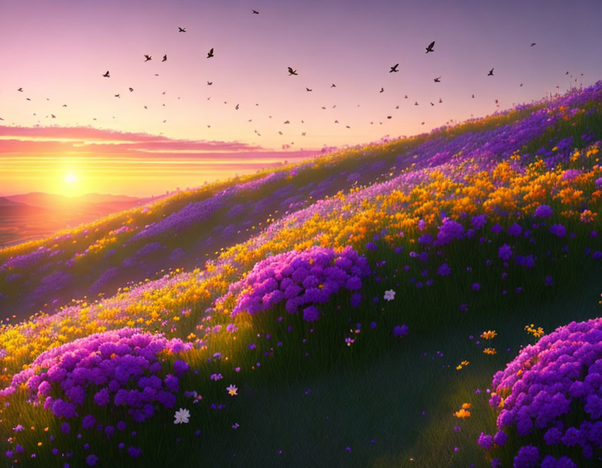 Colorful sunset hillside with purple and yellow flowers and birds in the sky
