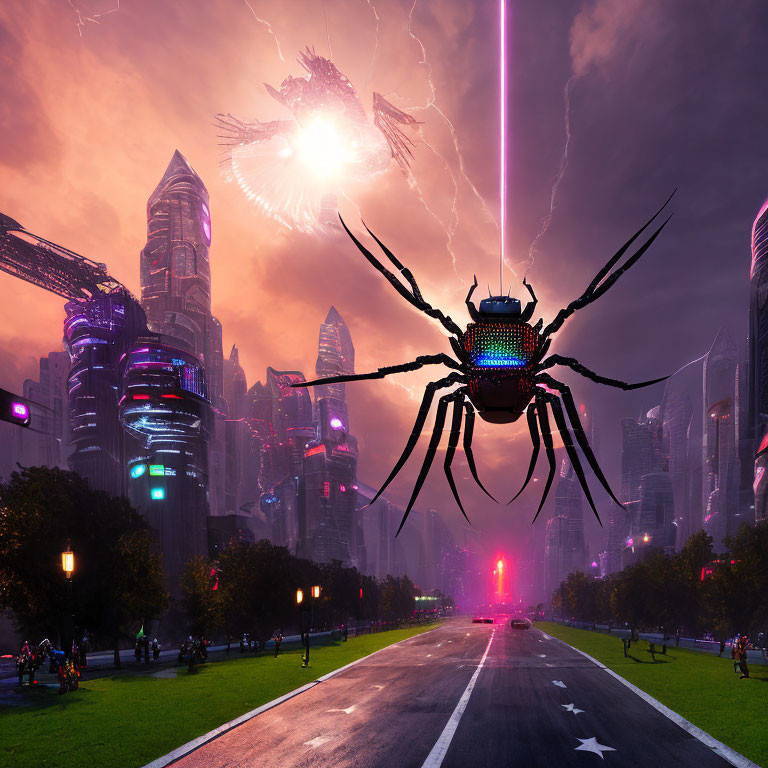 Futuristic city under siege by giant robotic spiders and lasers amidst stormy skyscrapers