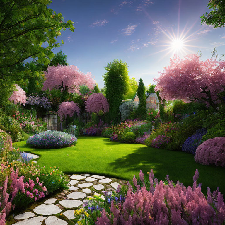 Vibrant garden scene with pink trees, colorful flowers, stone path, and sunlight.