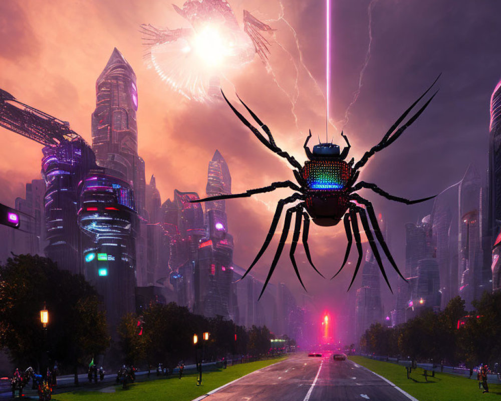 Futuristic city under siege by giant robotic spiders and lasers amidst stormy skyscrapers