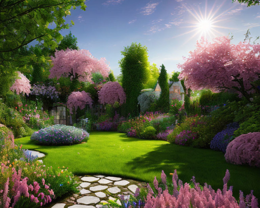 Vibrant garden scene with pink trees, colorful flowers, stone path, and sunlight.