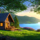 Tranquil Lake Scene with Wooden Cabin and Sunrise