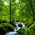 Sunlit Forest Stream with Moss-Covered Rocks and Green Foliage