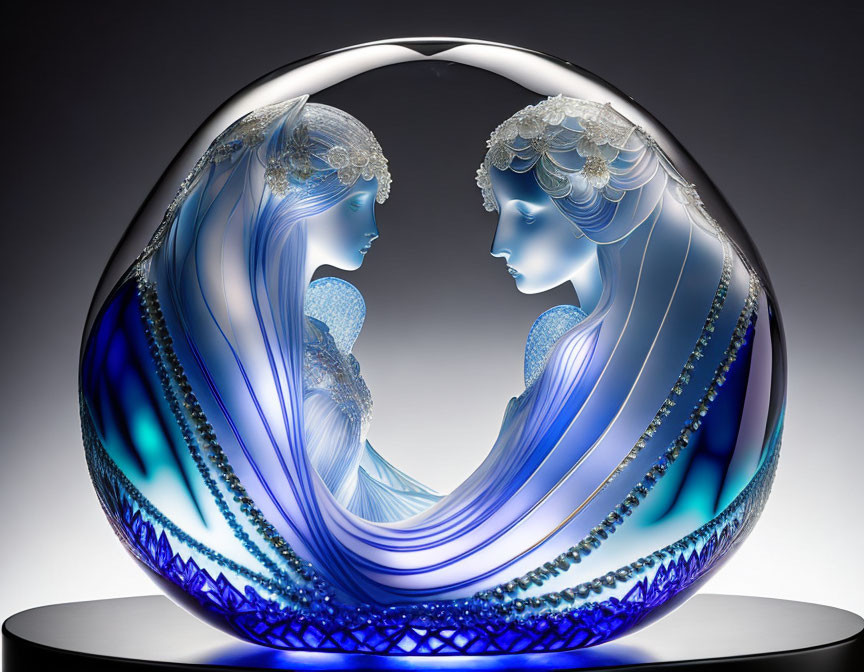 Ethereal female figures in blue and white profile within circular glass design