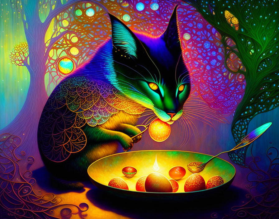 Colorful illustration: Mystical black cat with green eyes, golden pendant, glowing orbs in fairy-t