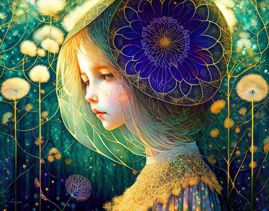 Girl with intricate halo surrounded by glowing dandelions in mystical forest