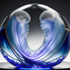 Ethereal female figures in blue and white profile within circular glass design